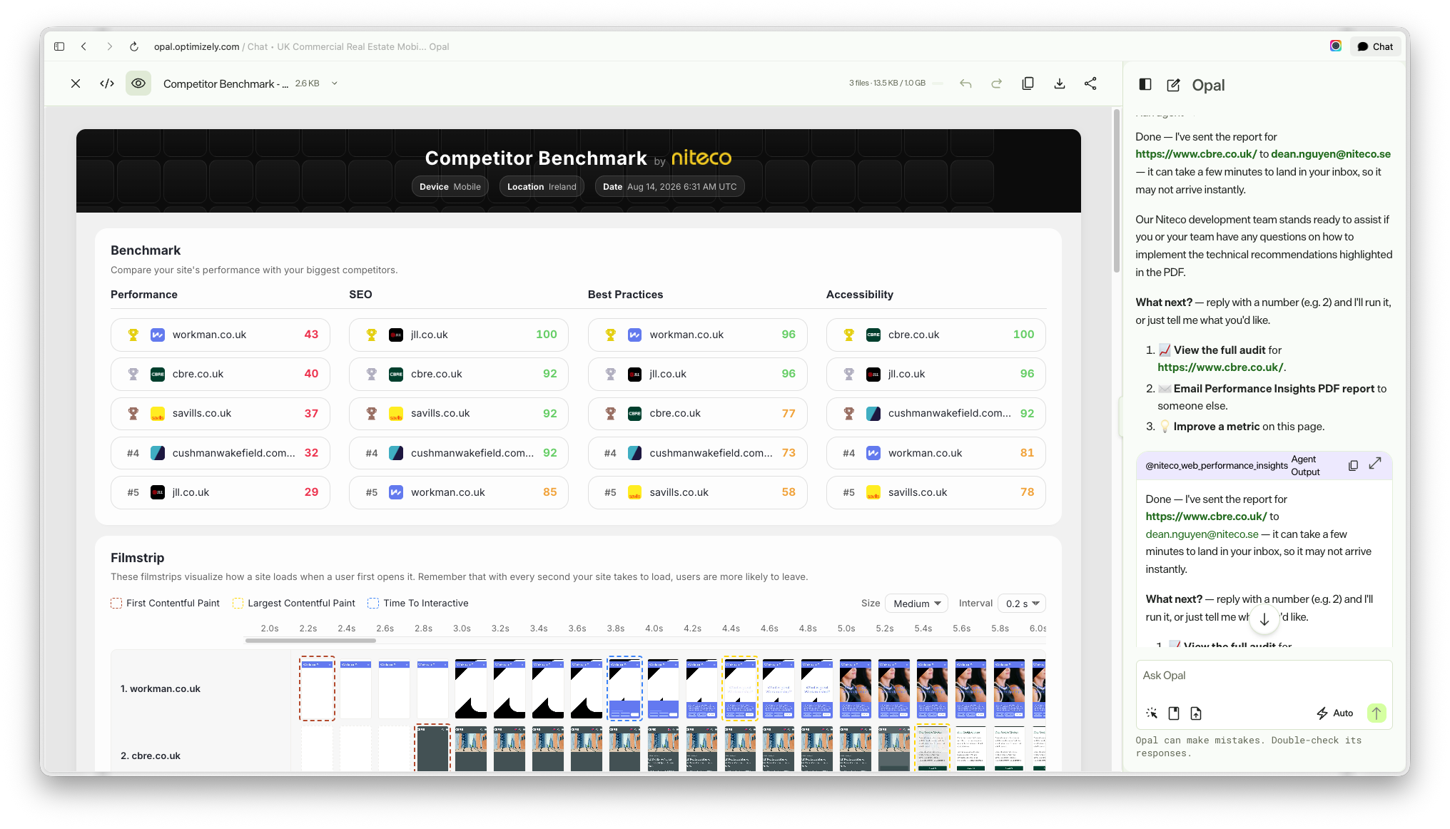 Example benchmark report from Niteco Performance Insights Opal agent